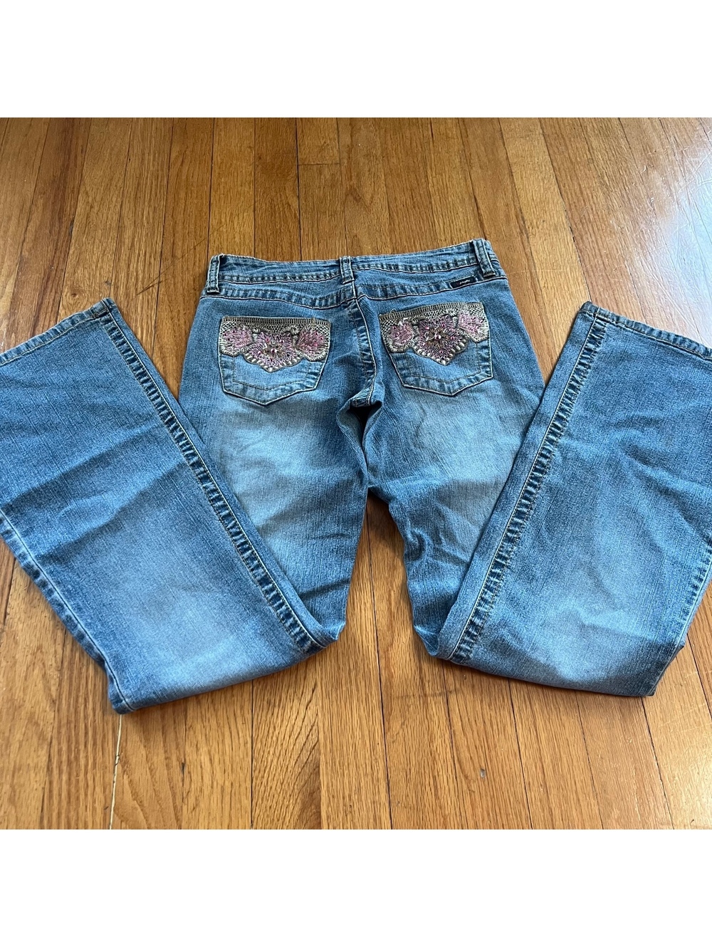 Vintage Y2K angels Low Rise Flare Jeans with bedazzled flower details on pockets